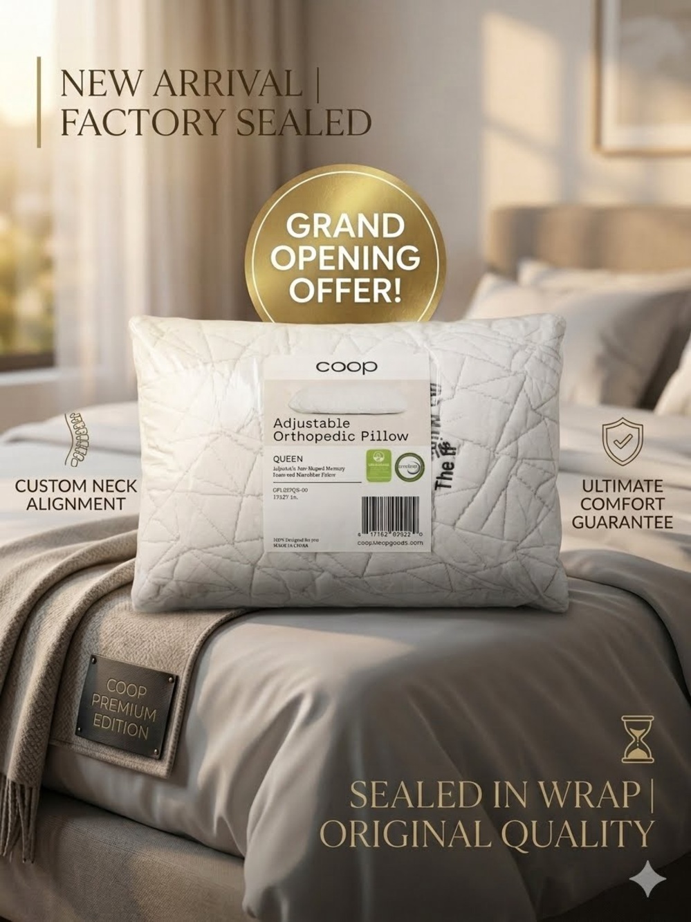 NWT Coop Home Goods Original Adjustable Orthopedic Pillow Queen Size